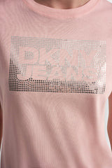 DKNY JEANS STACK LOGO RHINESTONE TEE - Peach Spritz/Silver - 4