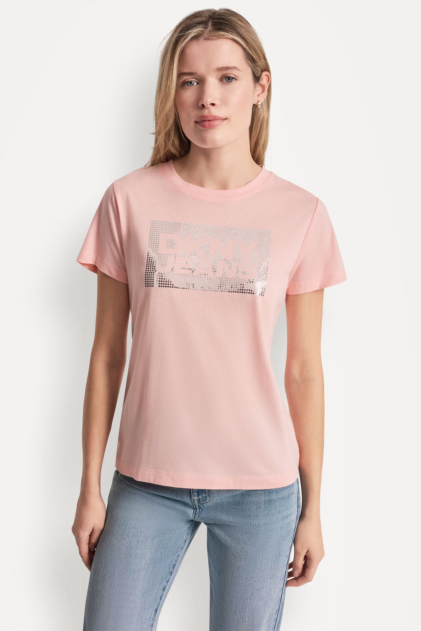 DKNY JEANS STACK LOGO RHINESTONE TEE - Peach Spritz/Silver - 2
