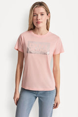 DKNY JEANS STACK LOGO RHINESTONE TEE - Peach Spritz/Silver - 2