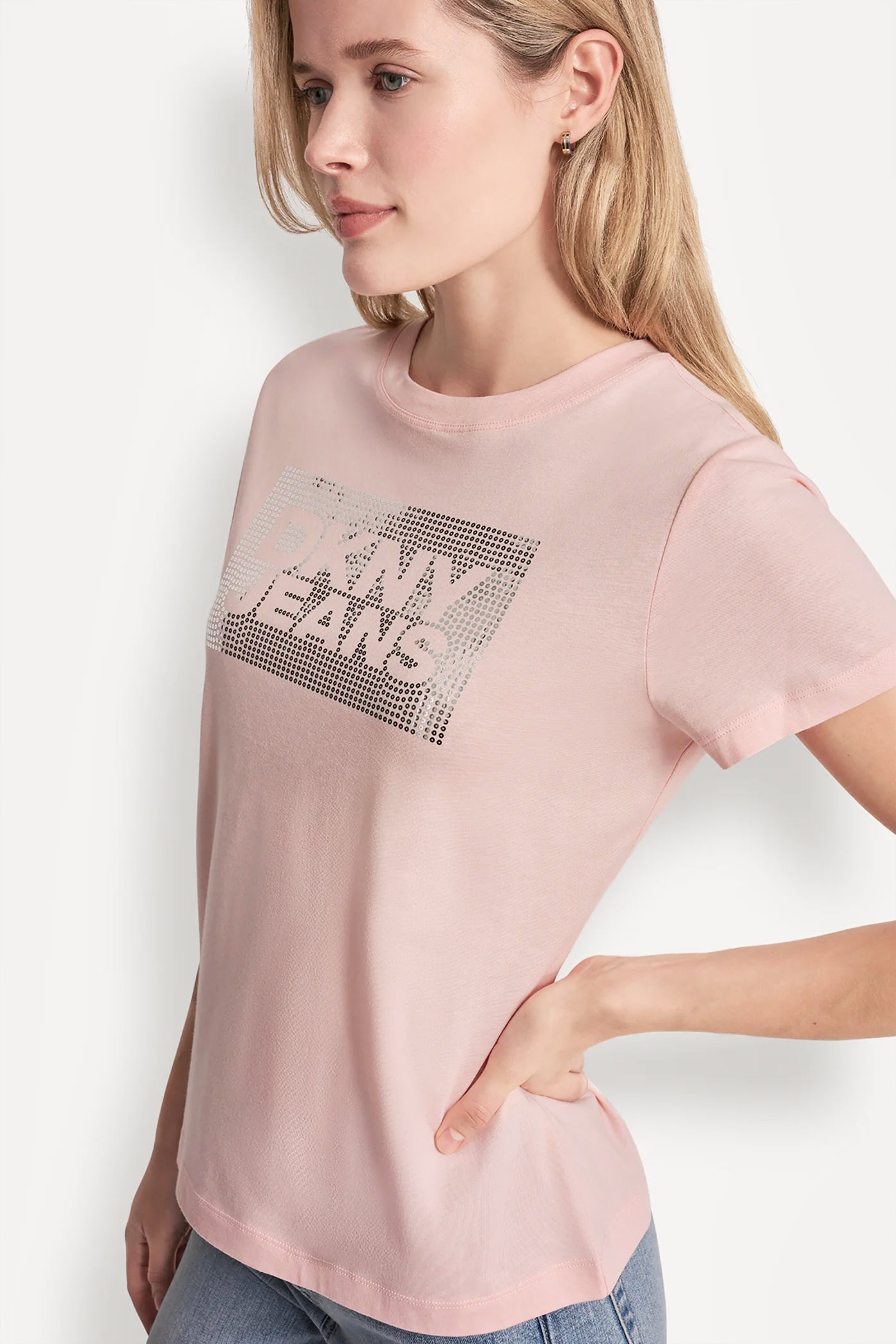 DKNY JEANS STACK LOGO RHINESTONE TEE - Peach Spritz/Silver - 5