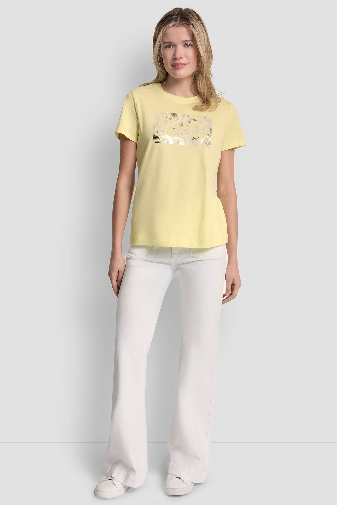 DKNY JEANS STACK LOGO RHINESTONE TEE - Lemon Light/Silver - 5
