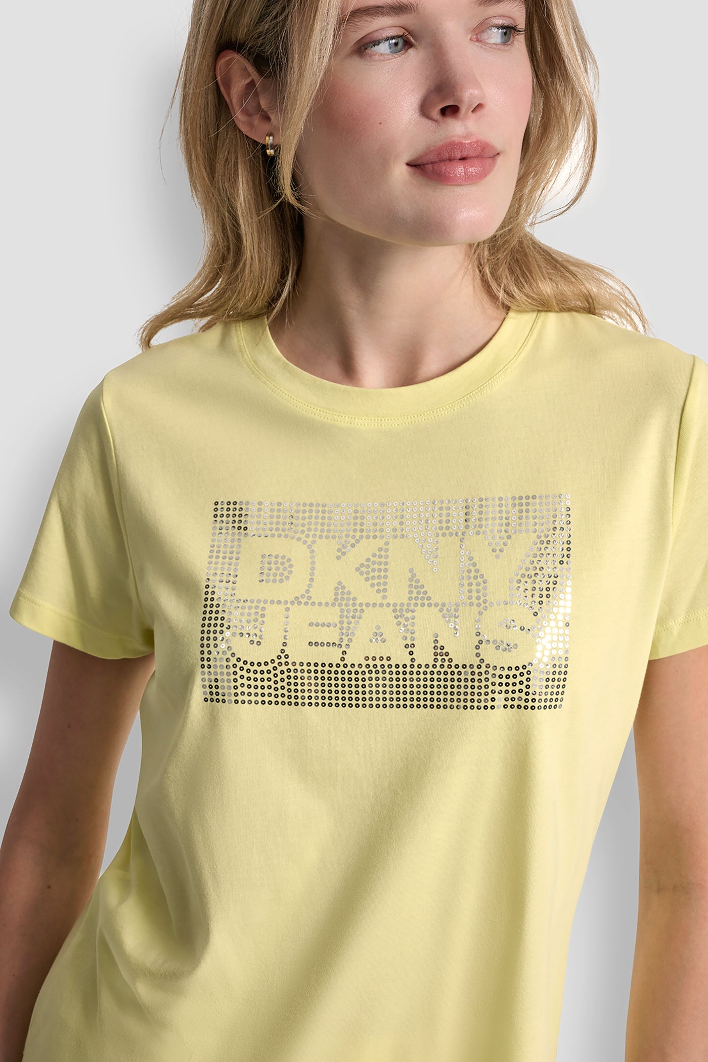 DKNY JEANS STACK LOGO RHINESTONE TEE - Lemon Light/Silver - 6