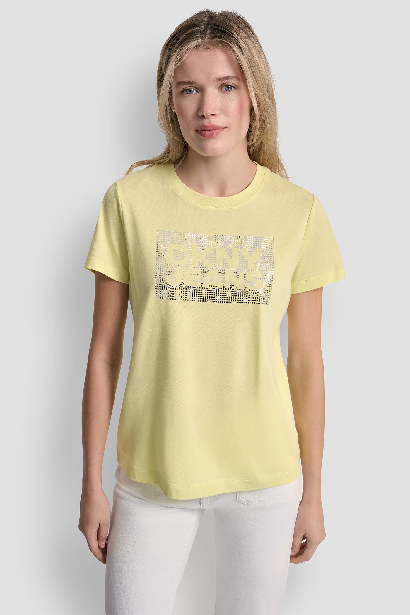 DKNY JEANS STACK LOGO RHINESTONE TEE - Lemon Light/Silver - 2