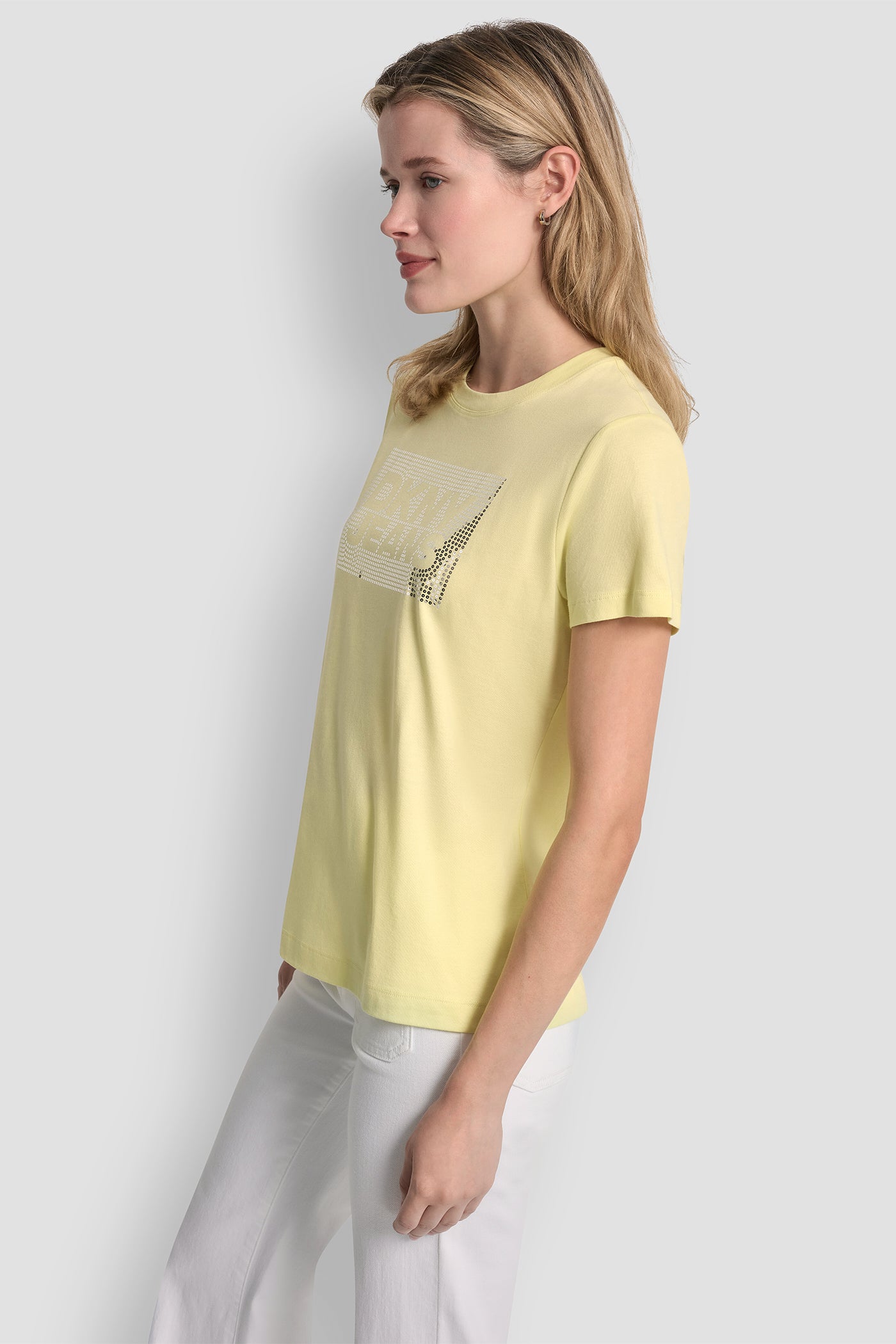 DKNY JEANS STACK LOGO RHINESTONE TEE - Lemon Light/Silver - 4