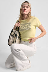 DKNY JEANS STACK LOGO RHINESTONE TEE - Lemon Light/Silver - 1