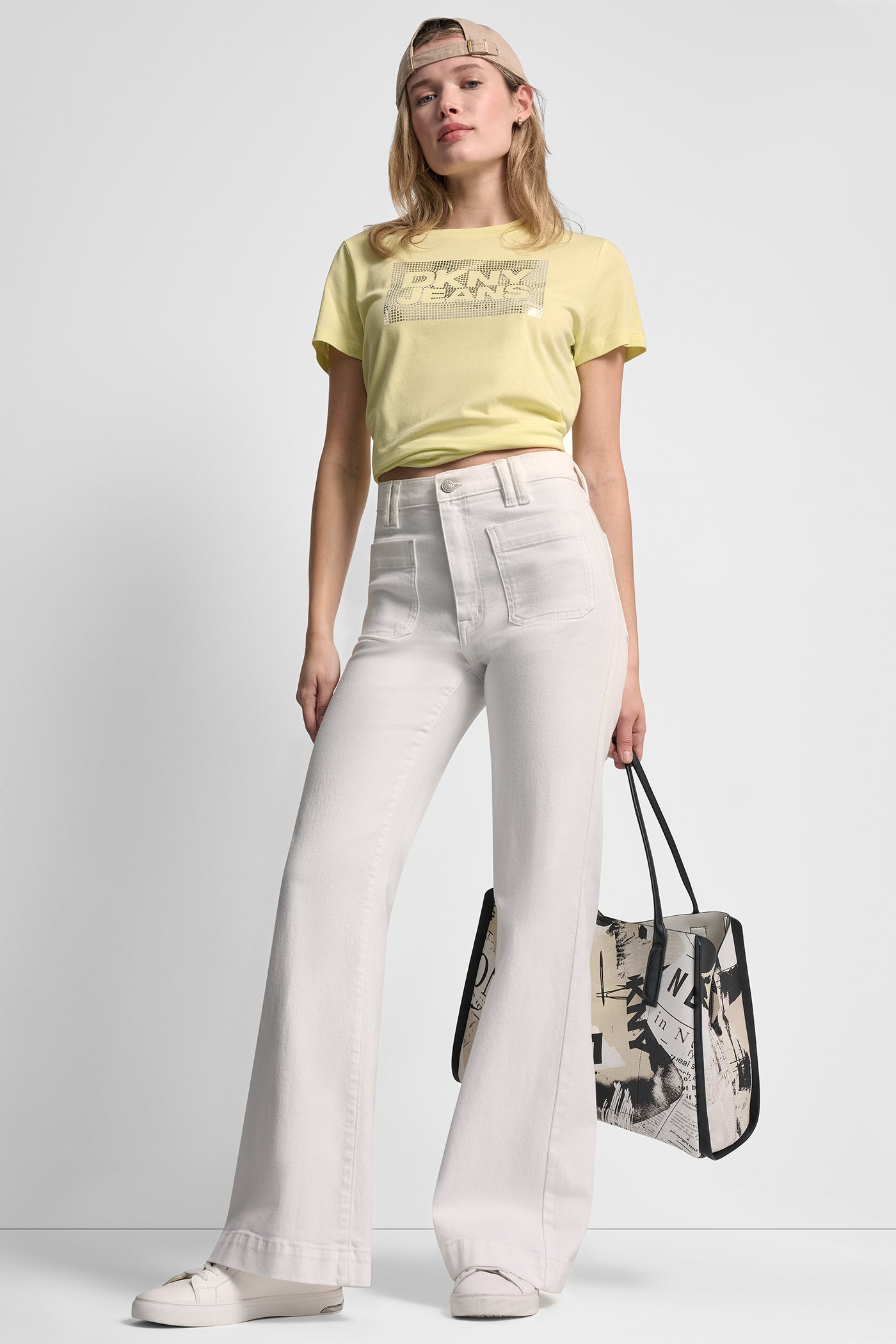 DKNY JEANS STACK LOGO RHINESTONE TEE - Lemon Light/Silver - 8
