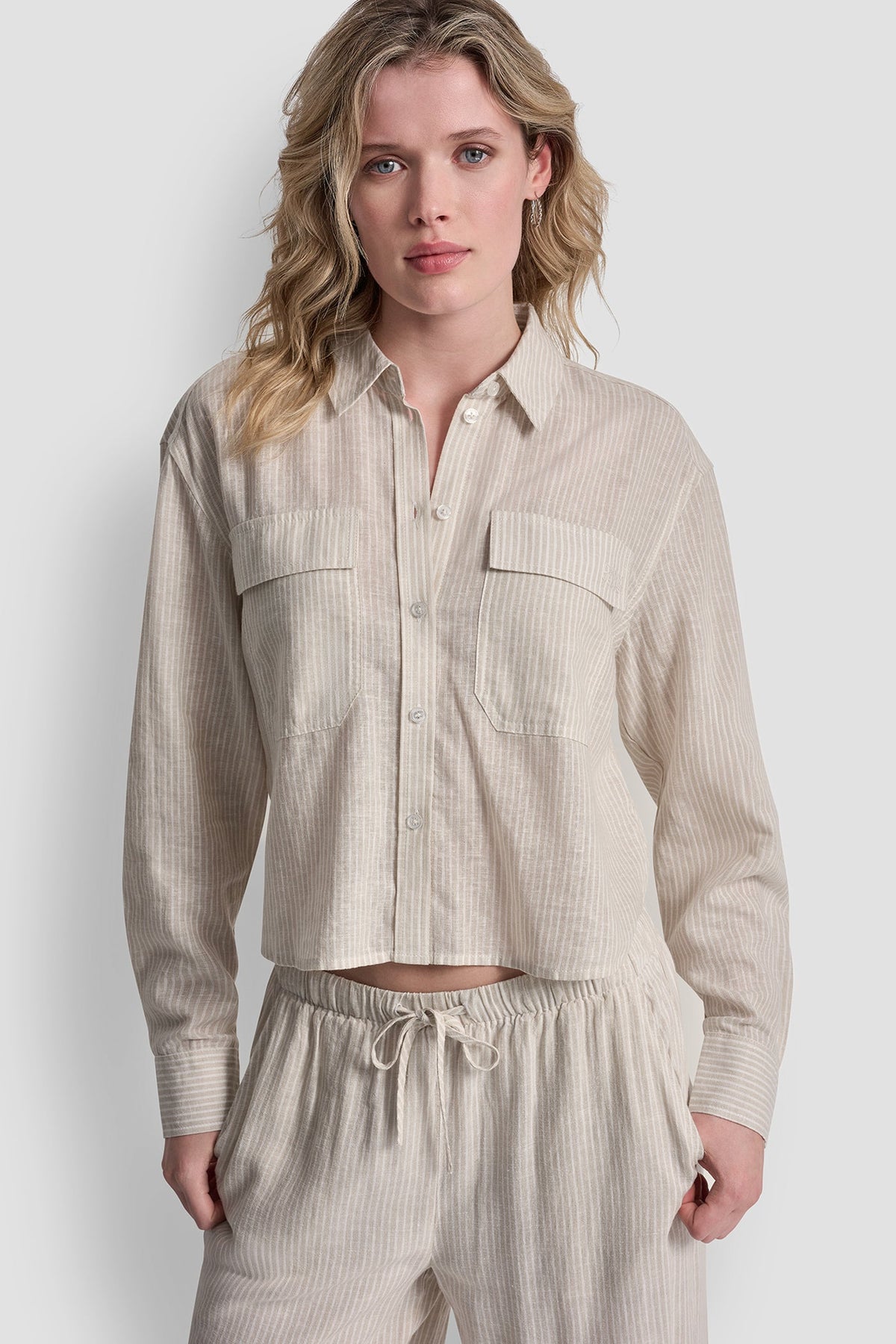 LINEN-BLEND BUTTON FRONT SHIRT - Lex Pebble - 1