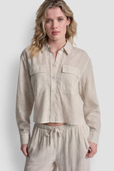 LINEN-BLEND BUTTON FRONT SHIRT - Lex Pebble - 1