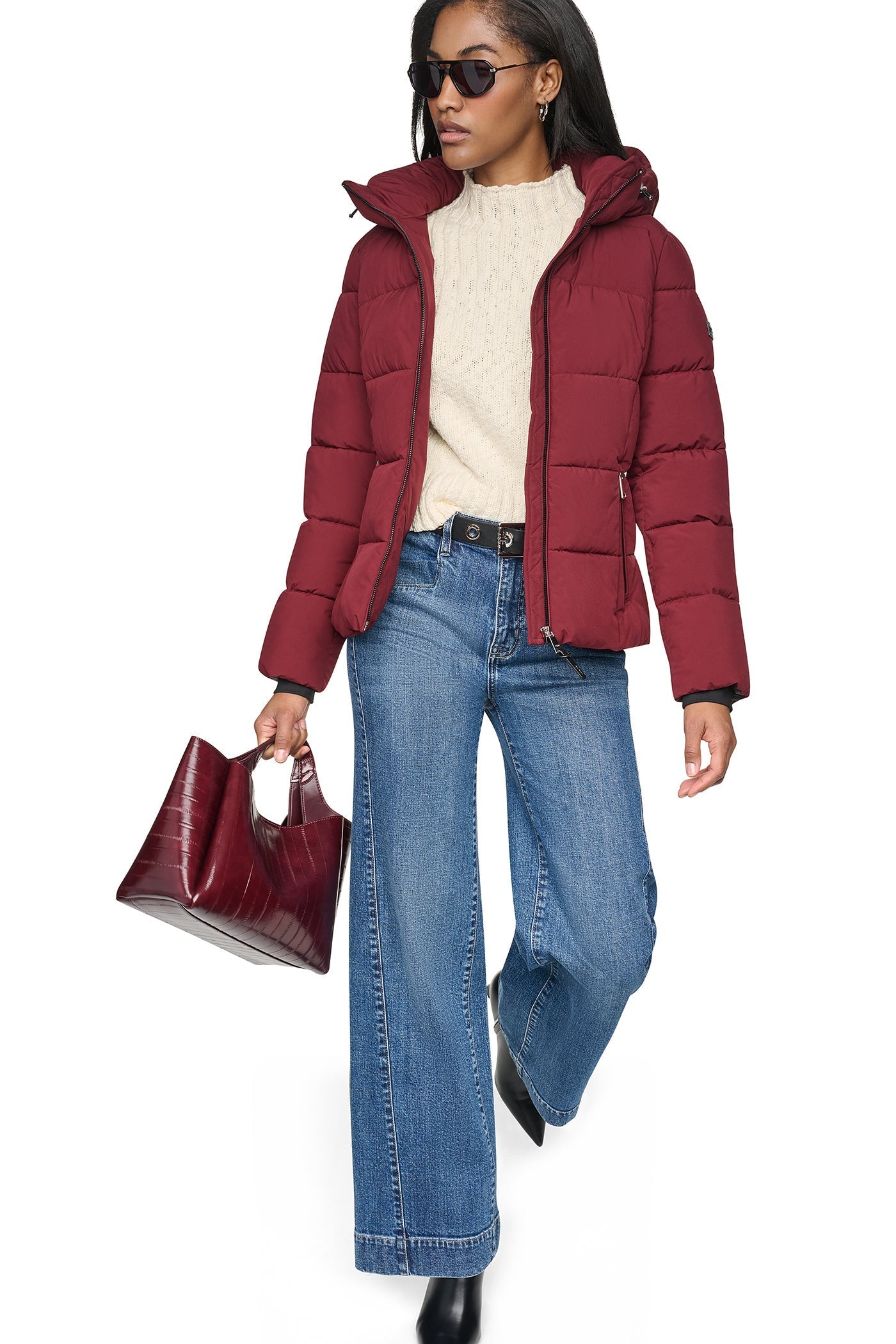 STRETCH HOODED PUFFER JACKET - Bordeaux - 1