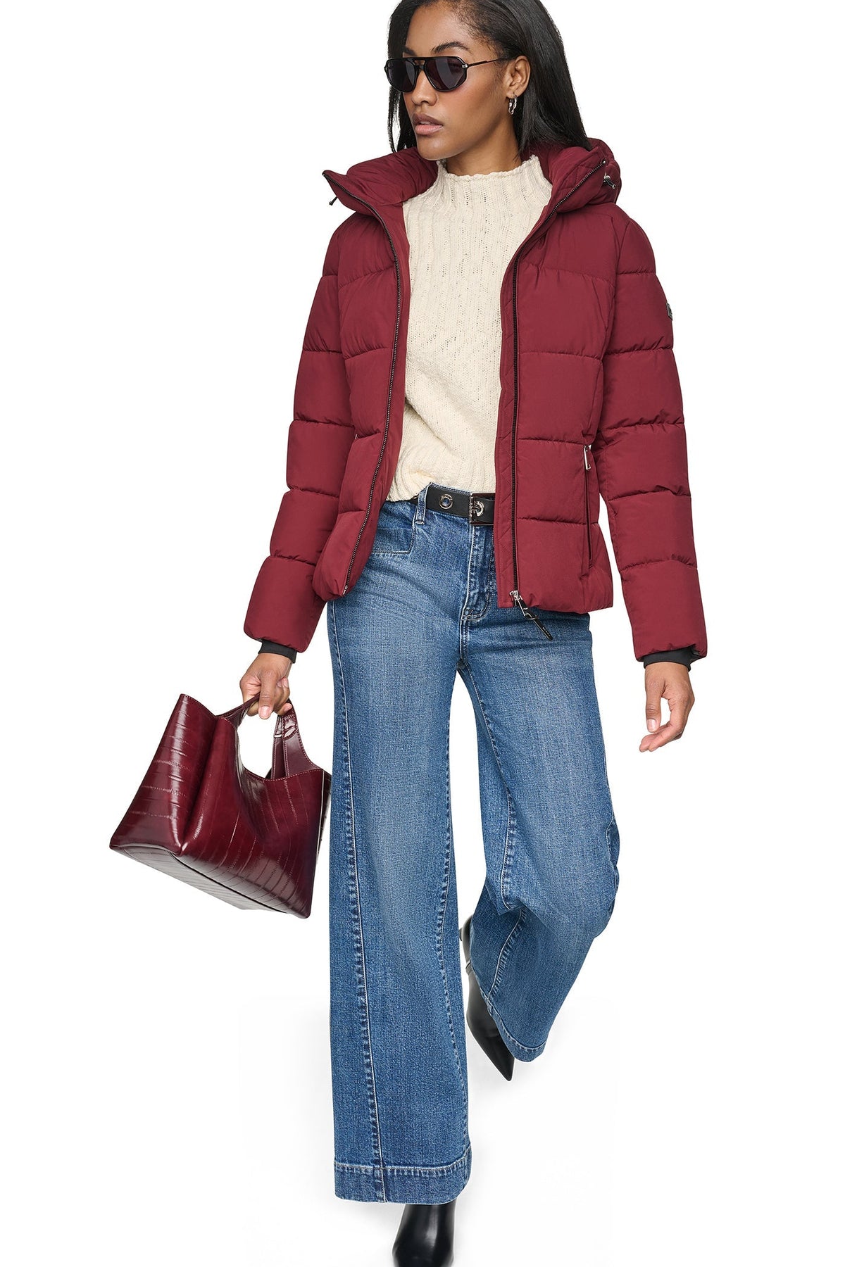 STRETCH HOODED PUFFER JACKET - Bordeaux - 1
