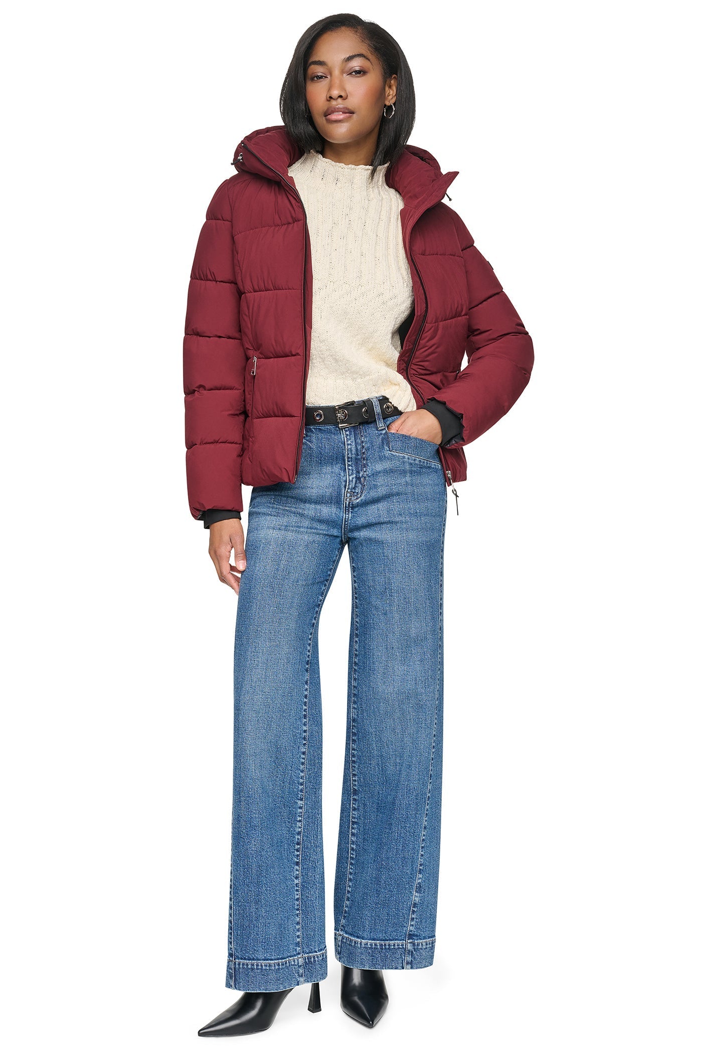 STRETCH HOODED PUFFER JACKET - Bordeaux - 6