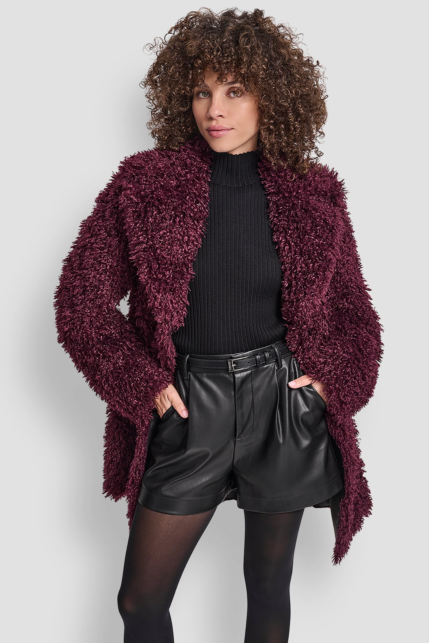 FAUX TEDDY FUR JACKET - BORDEAUX - 5