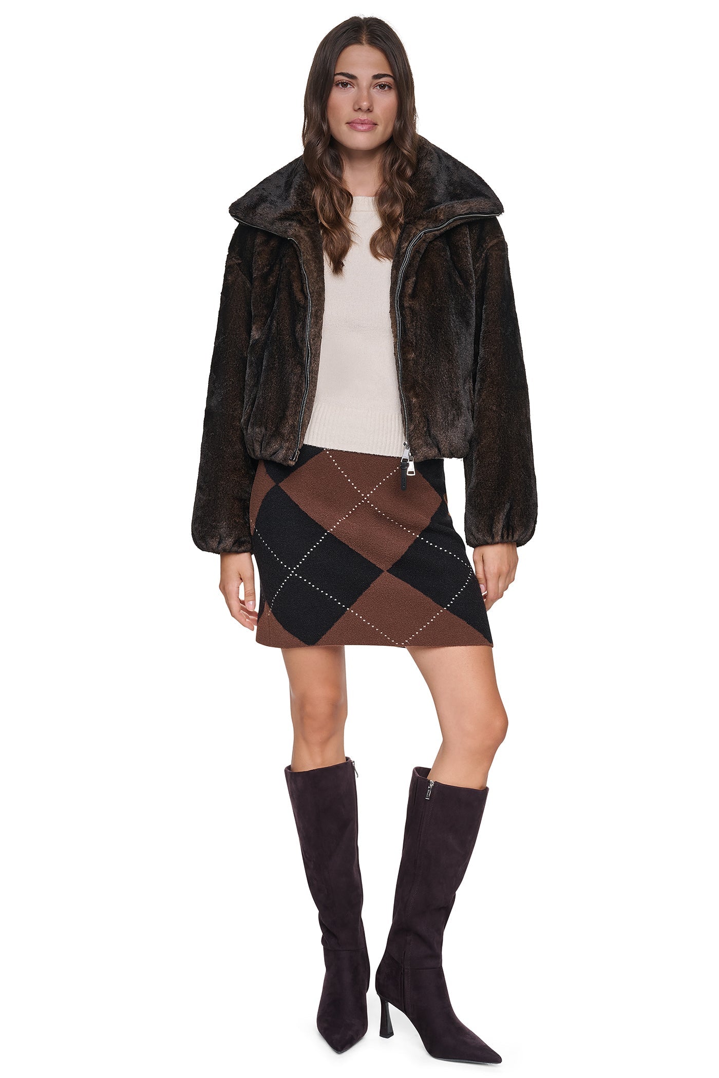 FAUX FUR BUBBLE HEM JACKET - Dark Brown - 10