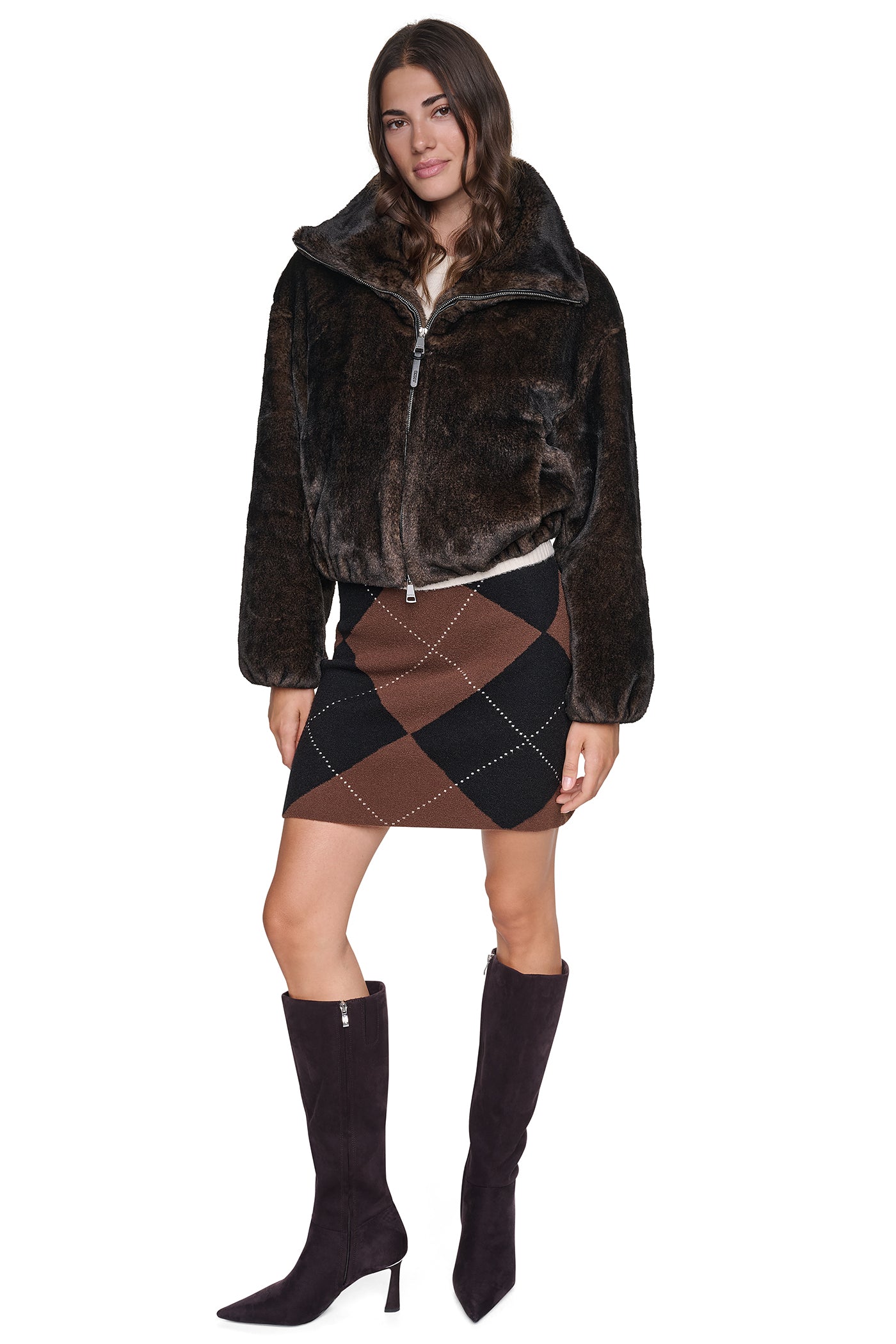 FAUX FUR BUBBLE HEM JACKET - Dark Brown - 5