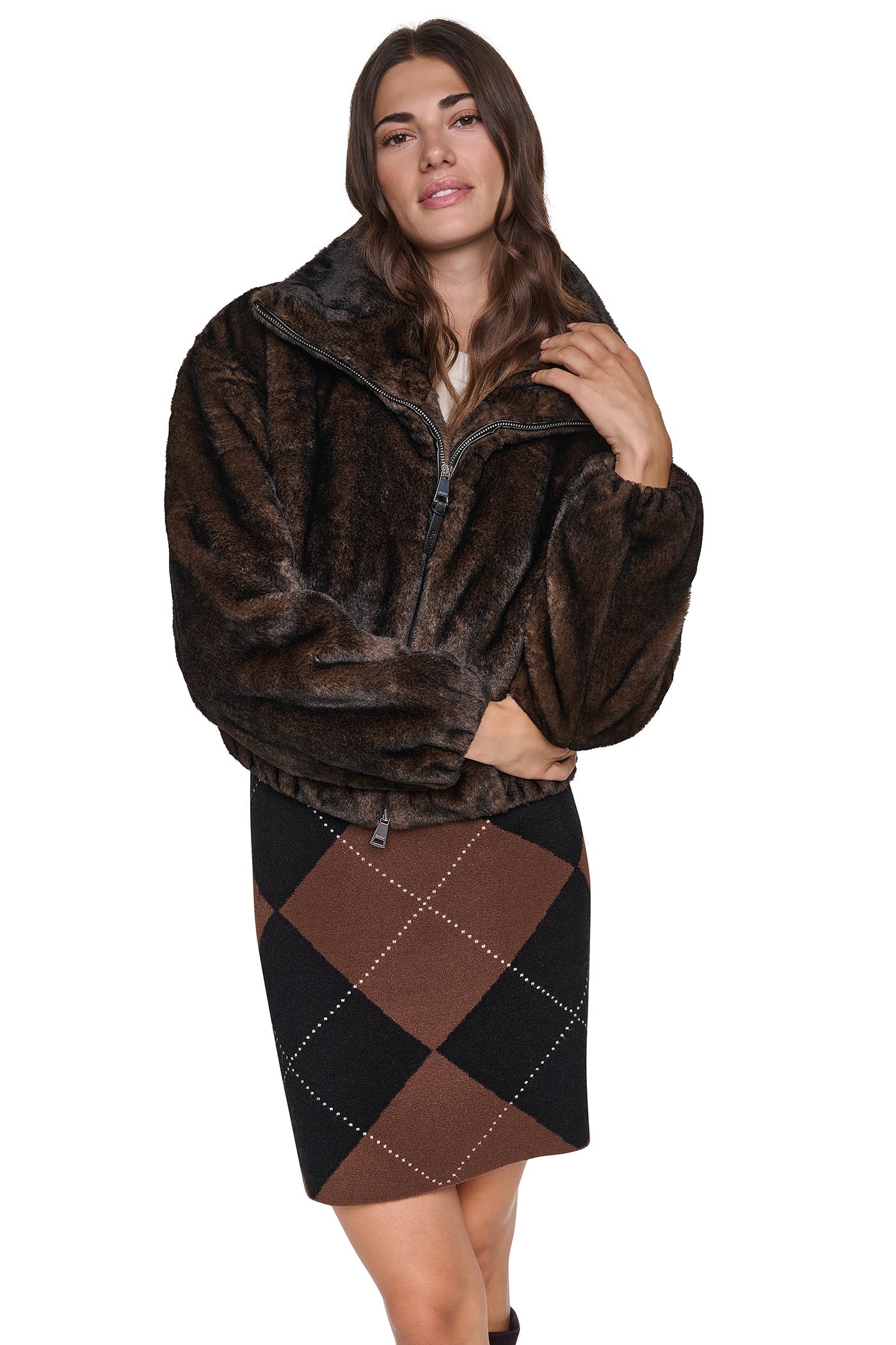 FAUX FUR BUBBLE HEM JACKET - Dark Brown - 2