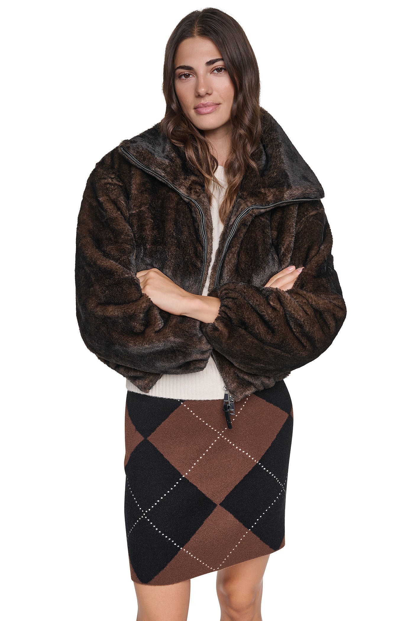 FAUX FUR BUBBLE HEM JACKET - Dark Brown - 9