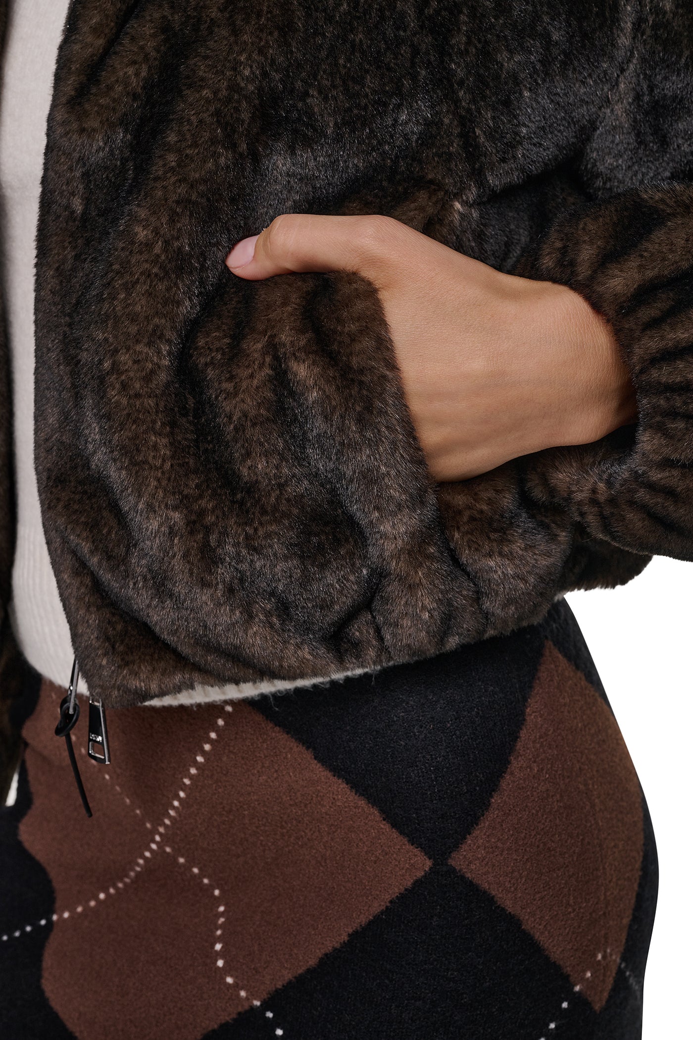FAUX FUR BUBBLE HEM JACKET - Dark Brown - 8