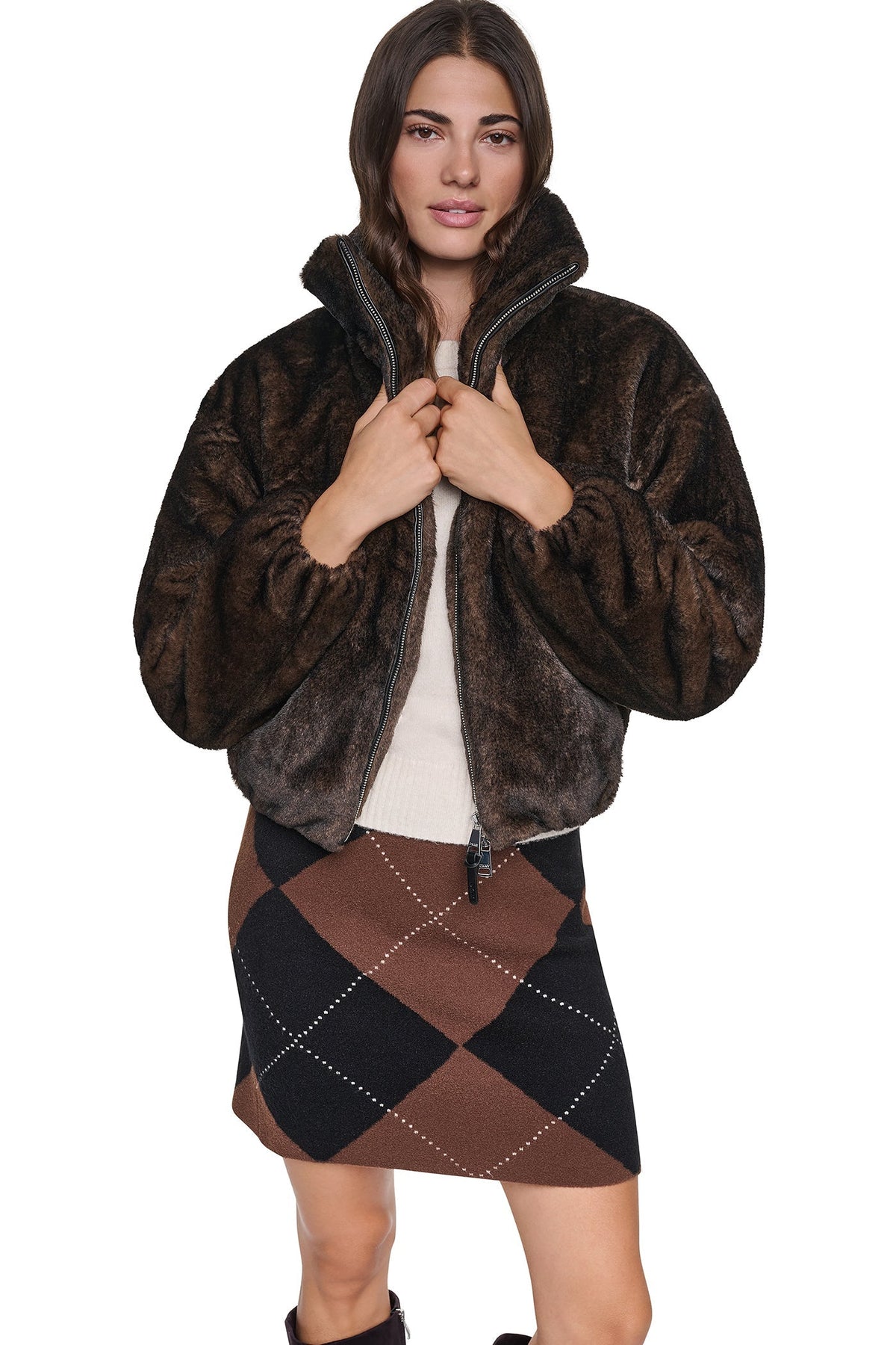 FAUX FUR BUBBLE HEM JACKET - Dark Brown - 1