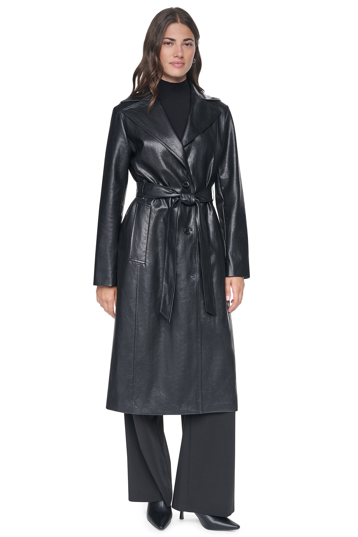 VEGAN LEATHER TRENCH WITH FAUX FUR COLLAR - Black - 8
