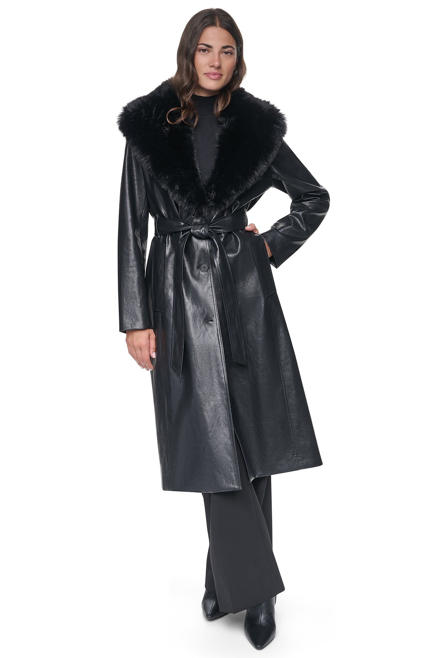 VEGAN LEATHER TRENCH WITH FAUX FUR COLLAR - Black - 9
