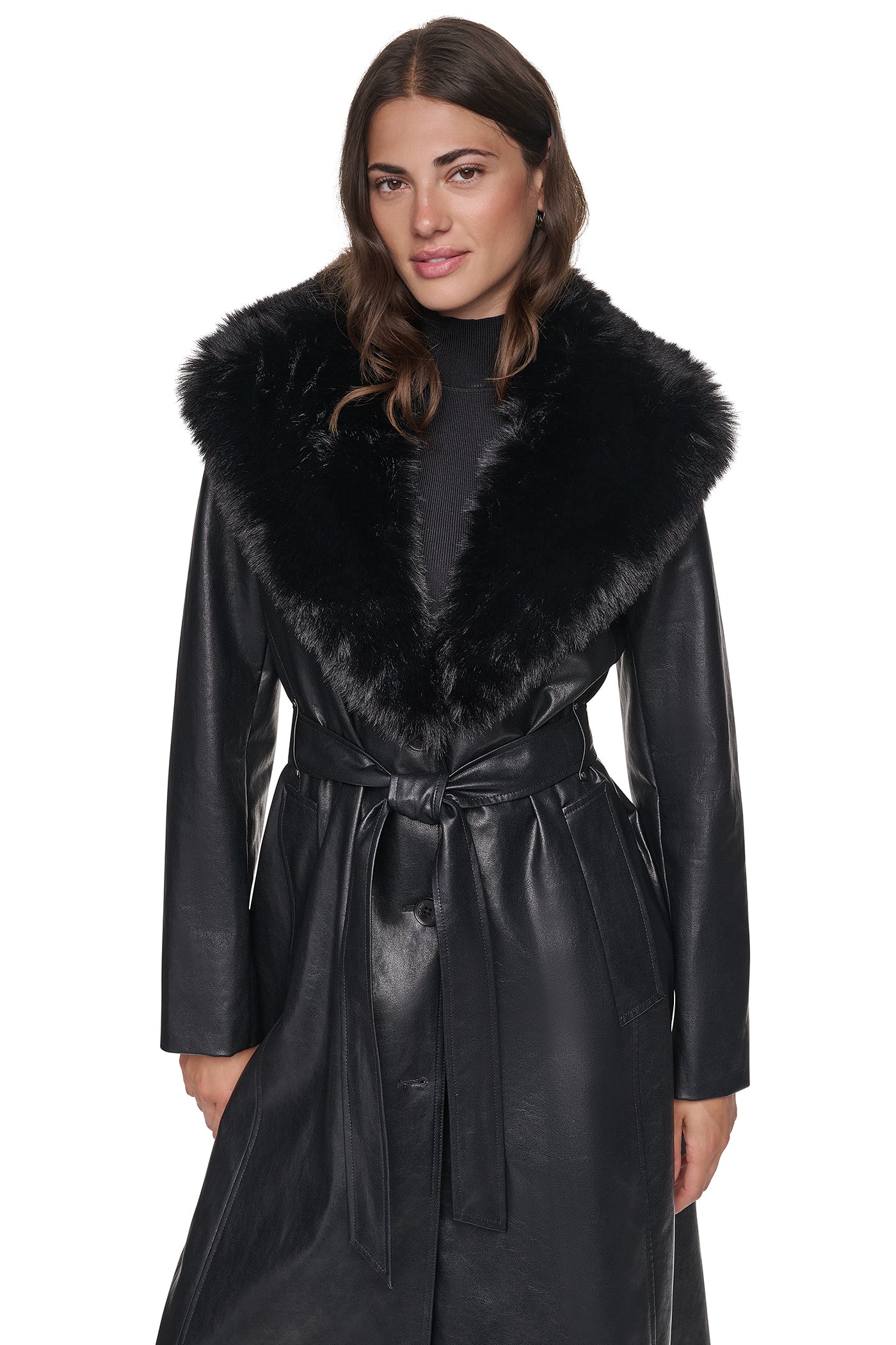 VEGAN LEATHER TRENCH WITH FAUX FUR COLLAR - Black - 7