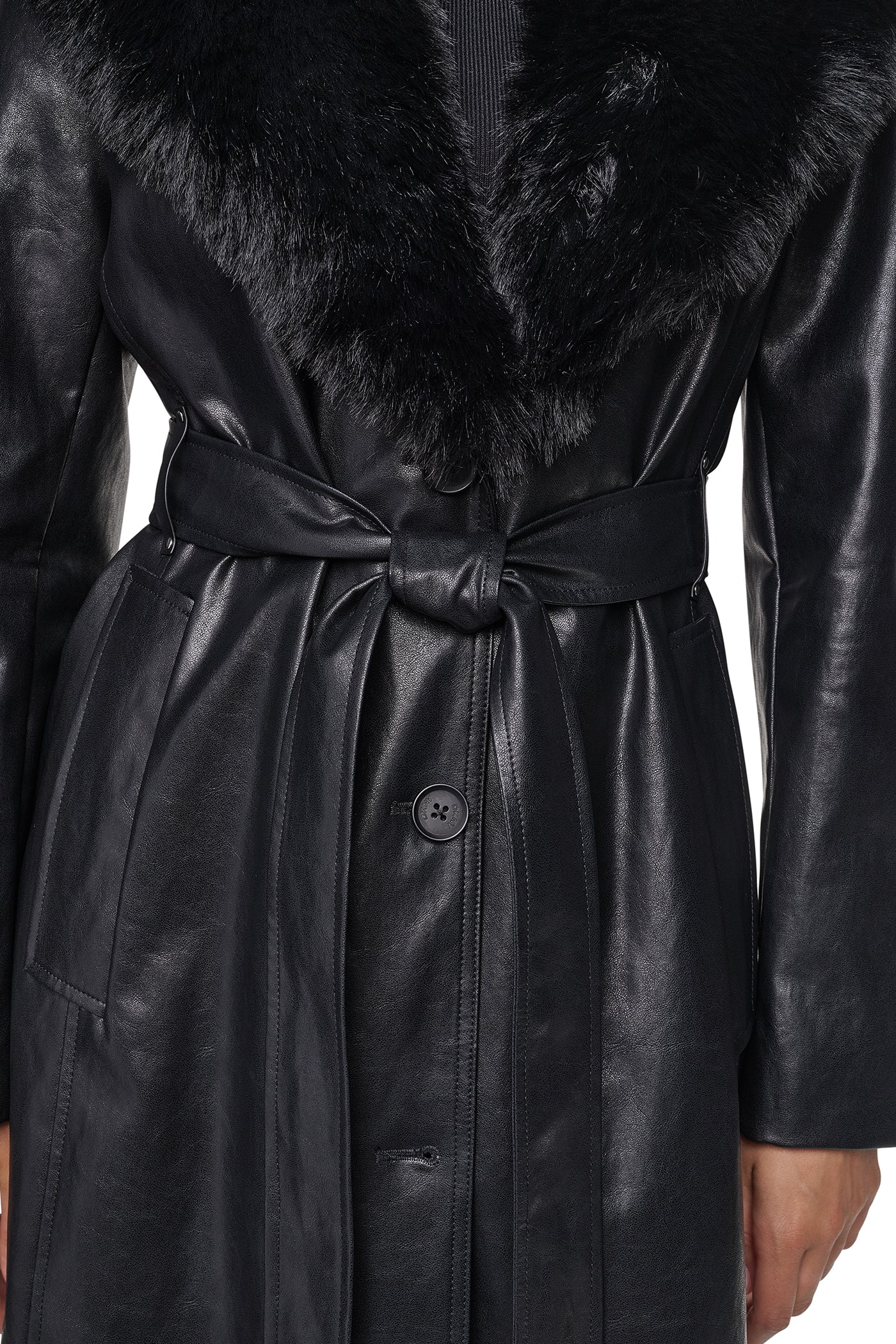 VEGAN LEATHER TRENCH WITH FAUX FUR COLLAR - Black - 4