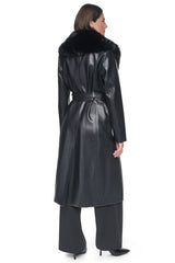 VEGAN LEATHER TRENCH WITH FAUX FUR COLLAR - Black - 3