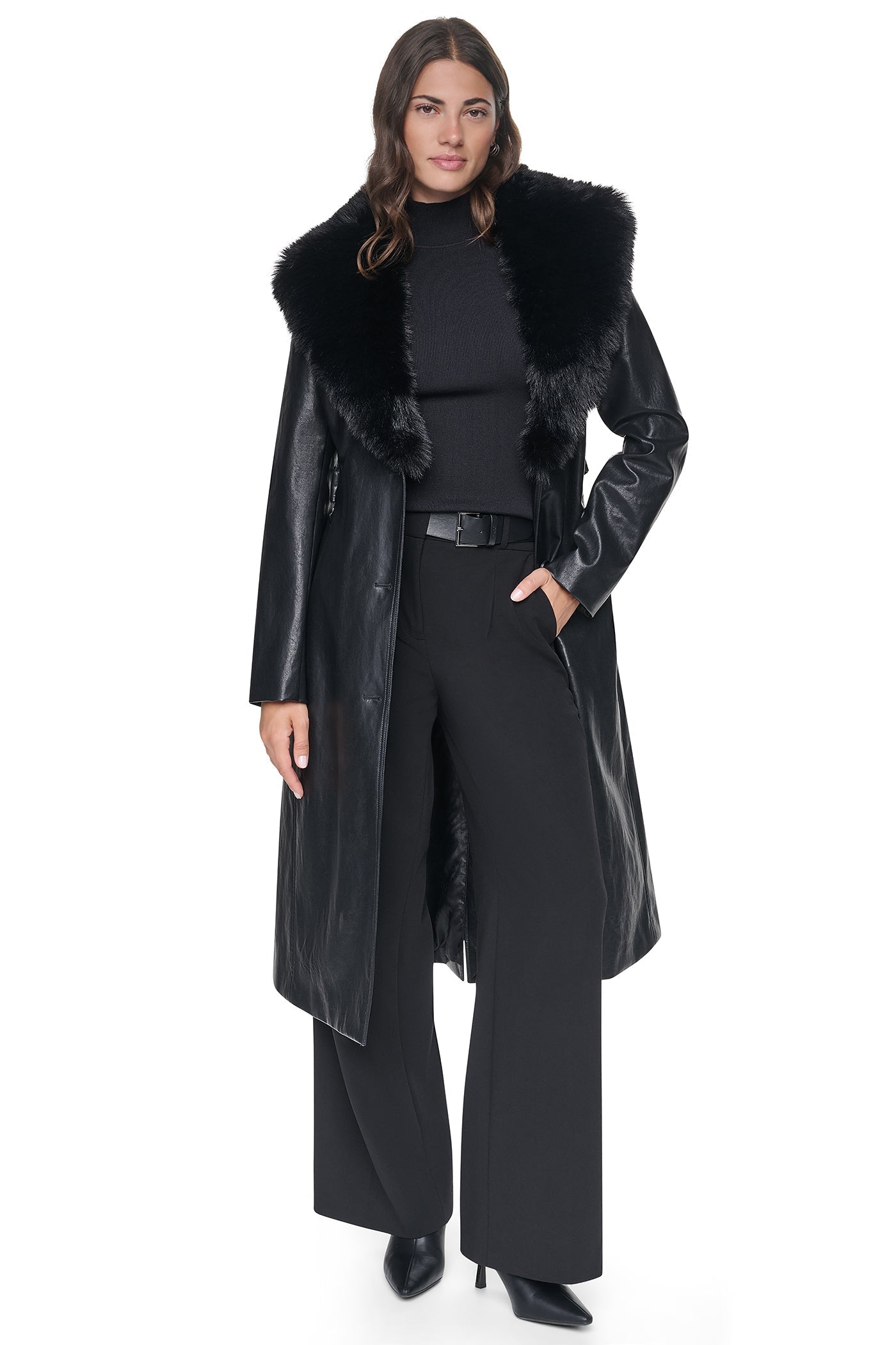 VEGAN LEATHER TRENCH WITH FAUX FUR COLLAR - Black - 5