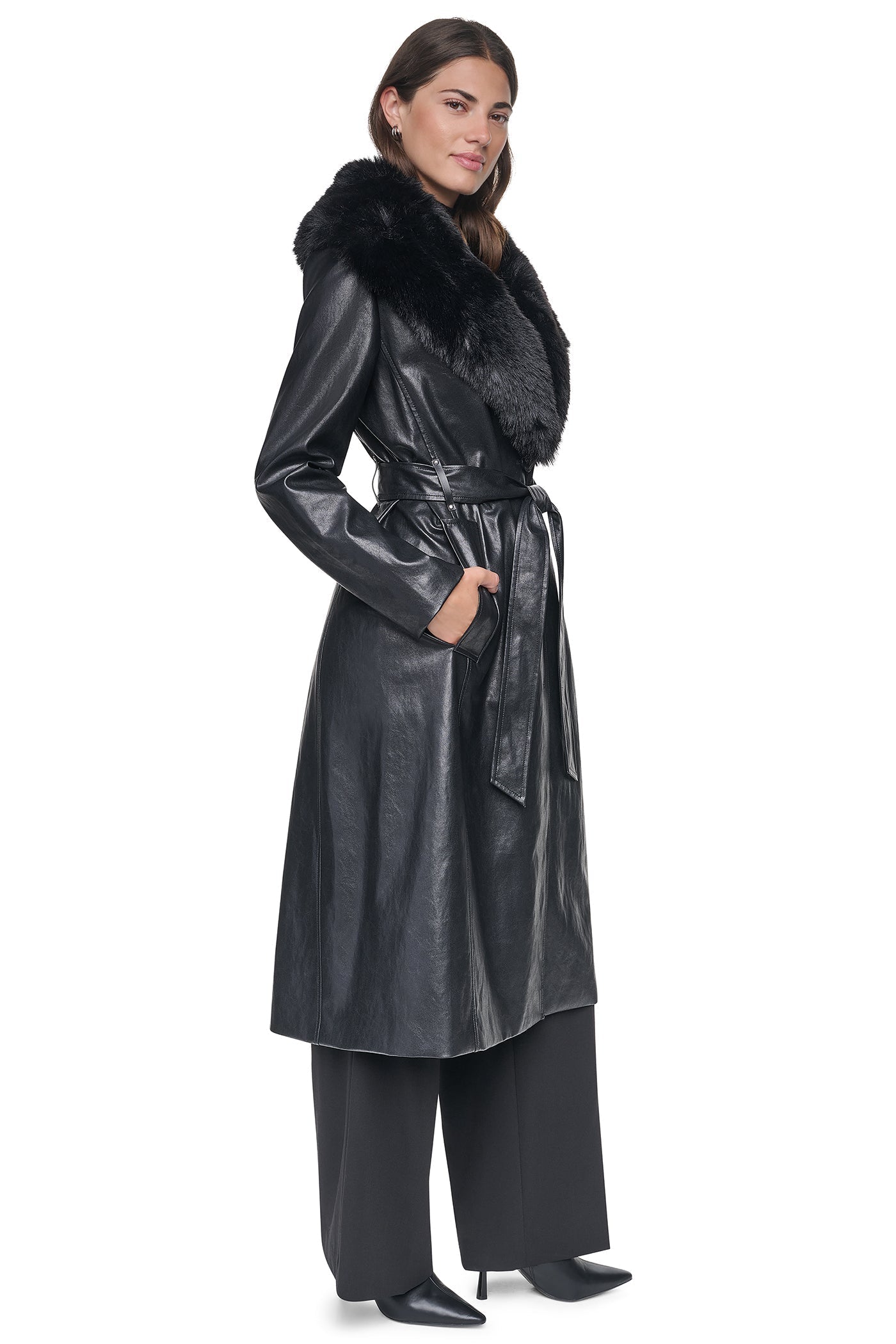 VEGAN LEATHER TRENCH WITH FAUX FUR COLLAR - Black - 2
