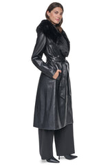 VEGAN LEATHER TRENCH WITH FAUX FUR COLLAR - Black - 2