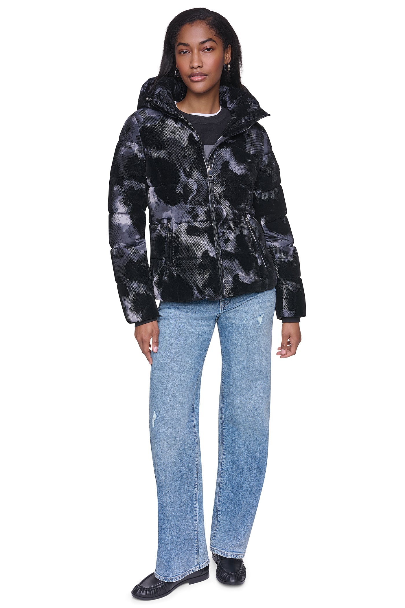 STRETCH HOODED PUFFER JACKET - Black Multi - 11