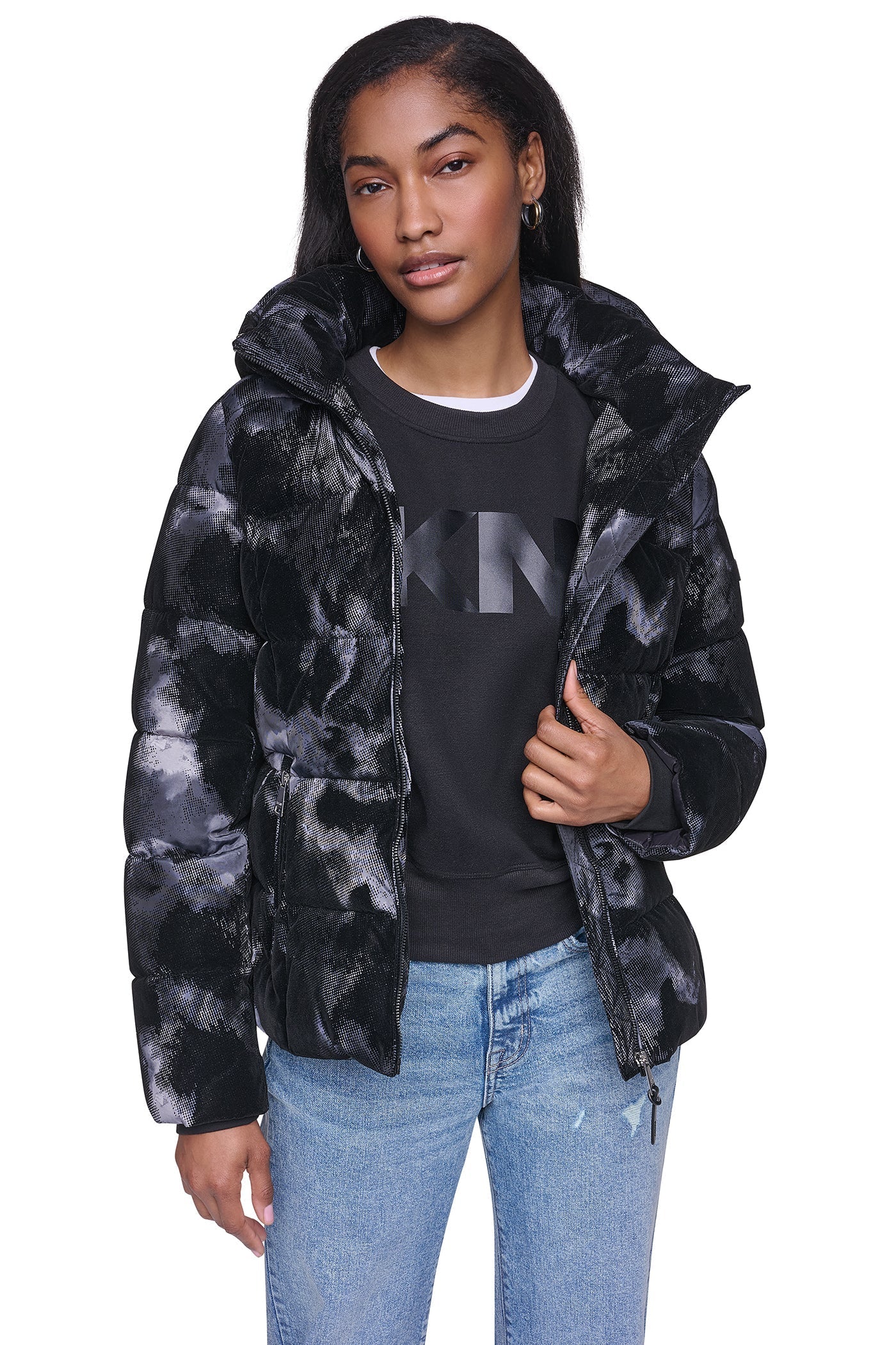 STRETCH HOODED PUFFER JACKET - Black Multi - 10