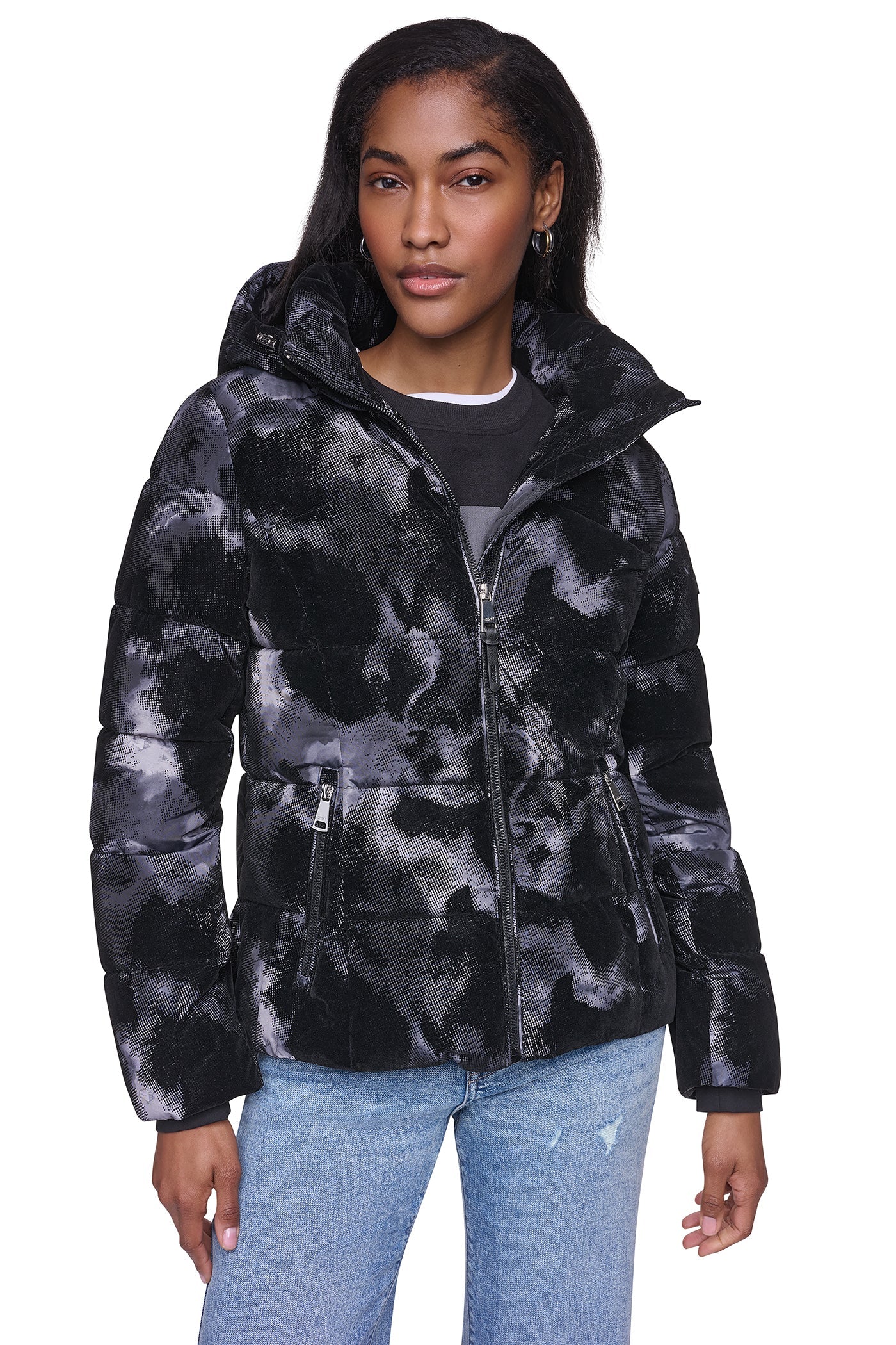 STRETCH HOODED PUFFER JACKET - Black Multi - 2