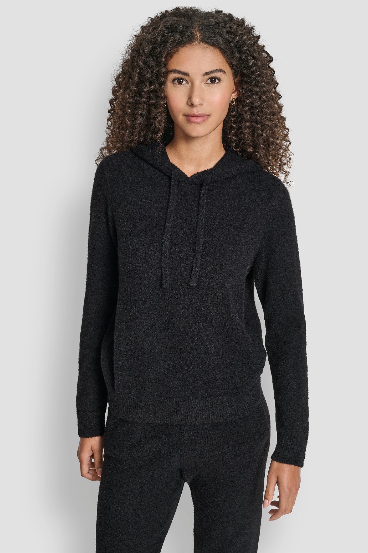 FEATHER YARN HOODIE WITH DRAWCORD AND TONAL LOGO - Black - 1