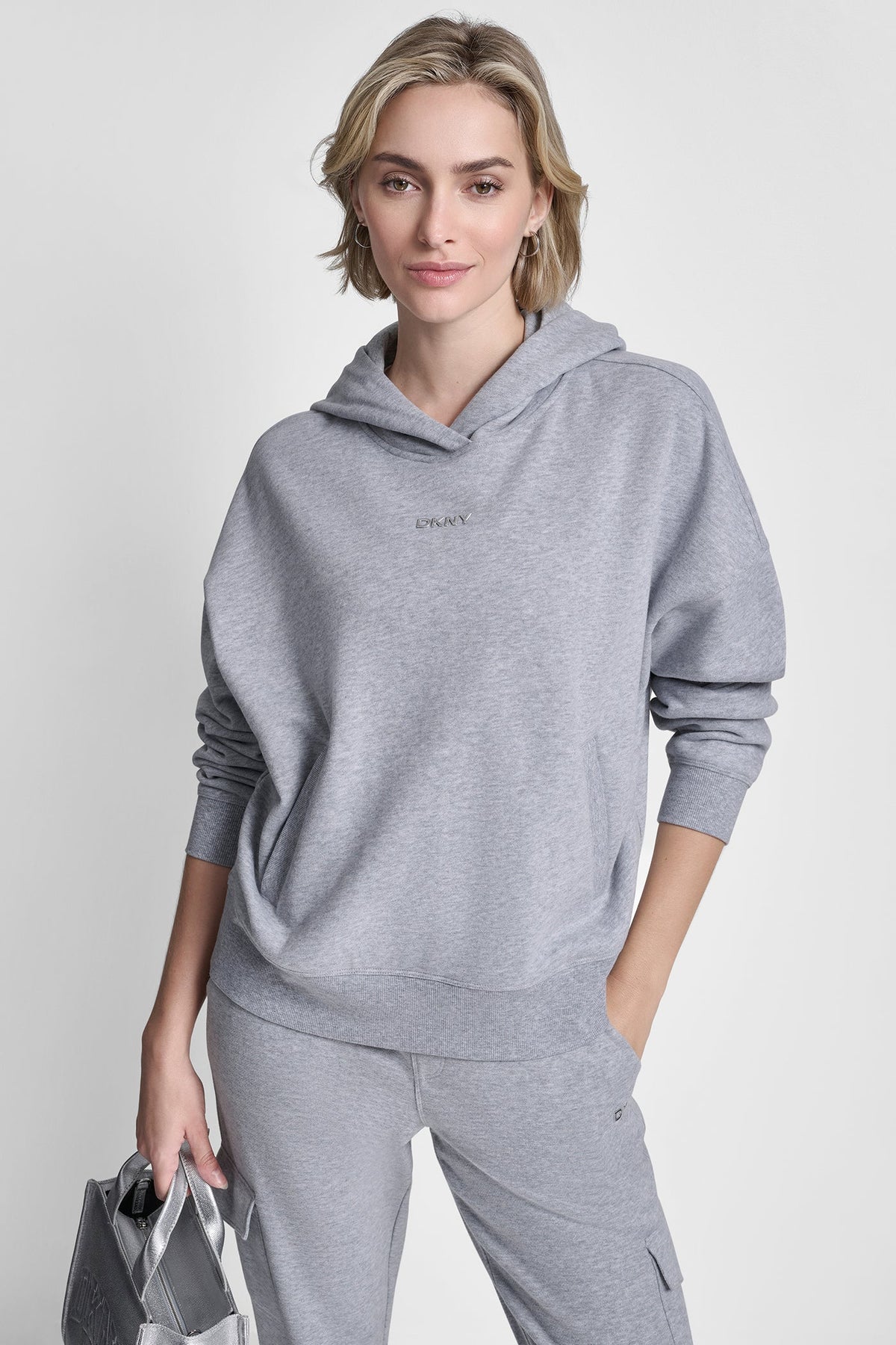 METALLIC BUBBLE LOGO FLEECE DROP SHOULDER HOODIE - Pearl Grey Heather - 1