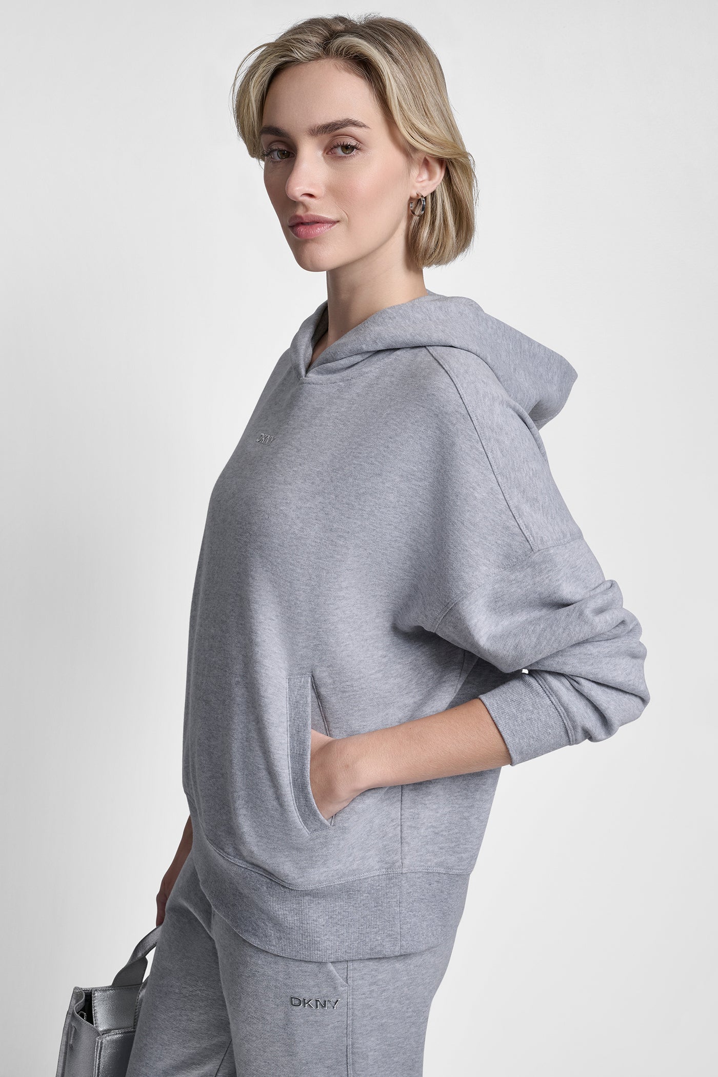 METALLIC BUBBLE LOGO FLEECE DROP SHOULDER HOODIE - Pearl Grey Heather - 4