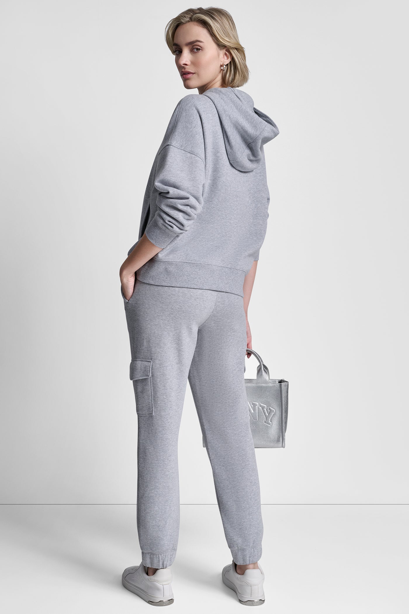 METALLIC BUBBLE LOGO FLEECE DROP SHOULDER HOODIE - Pearl Grey Heather - 3