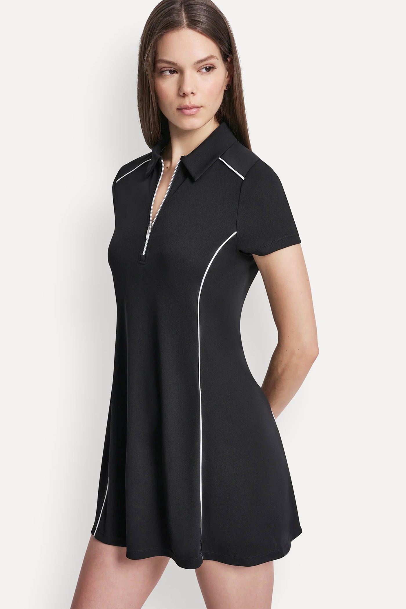 HALF-ZIP POLO DRESS WITH CONTRAST PIPING - Black/White - 2