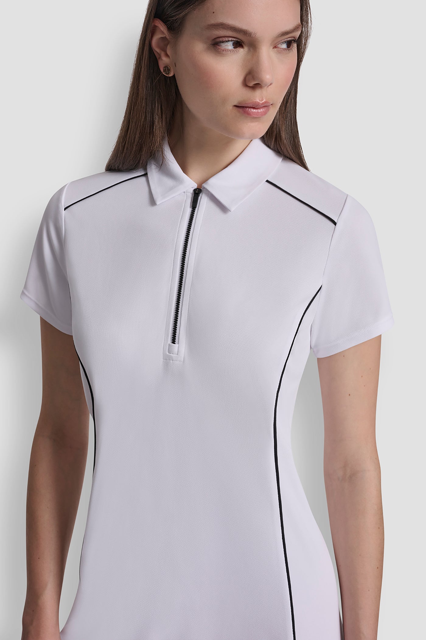 HALF-ZIP POLO DRESS WITH CONTRAST PIPING - White/Black - 5