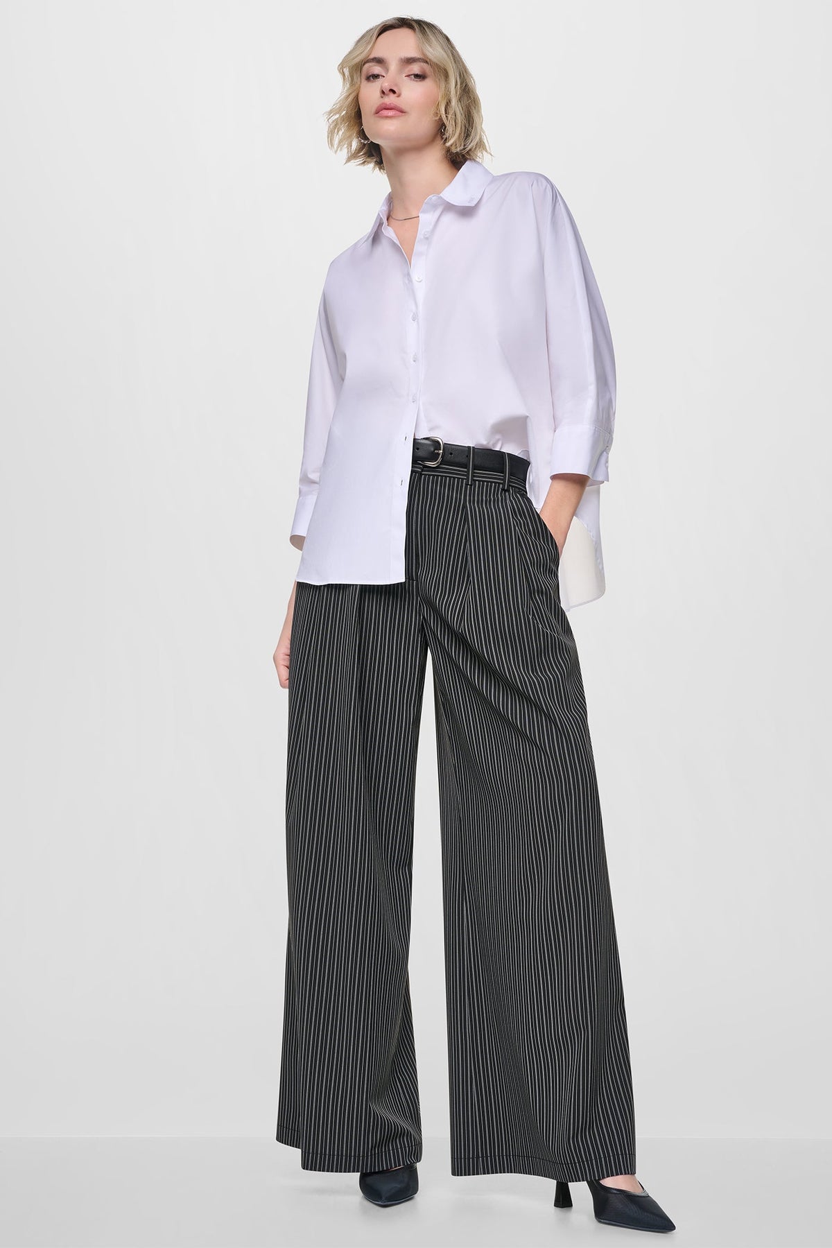 PINSTRIPE PLEATED COMMUTER TROUSER - Black/Ivory - 1