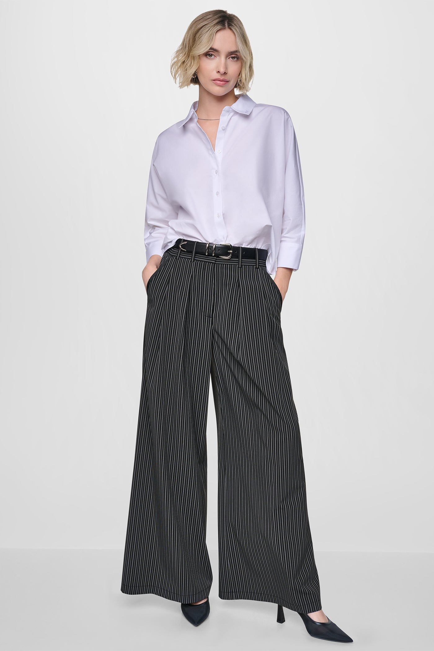 PINSTRIPE PLEATED COMMUTER TROUSER - Black/Ivory - 5