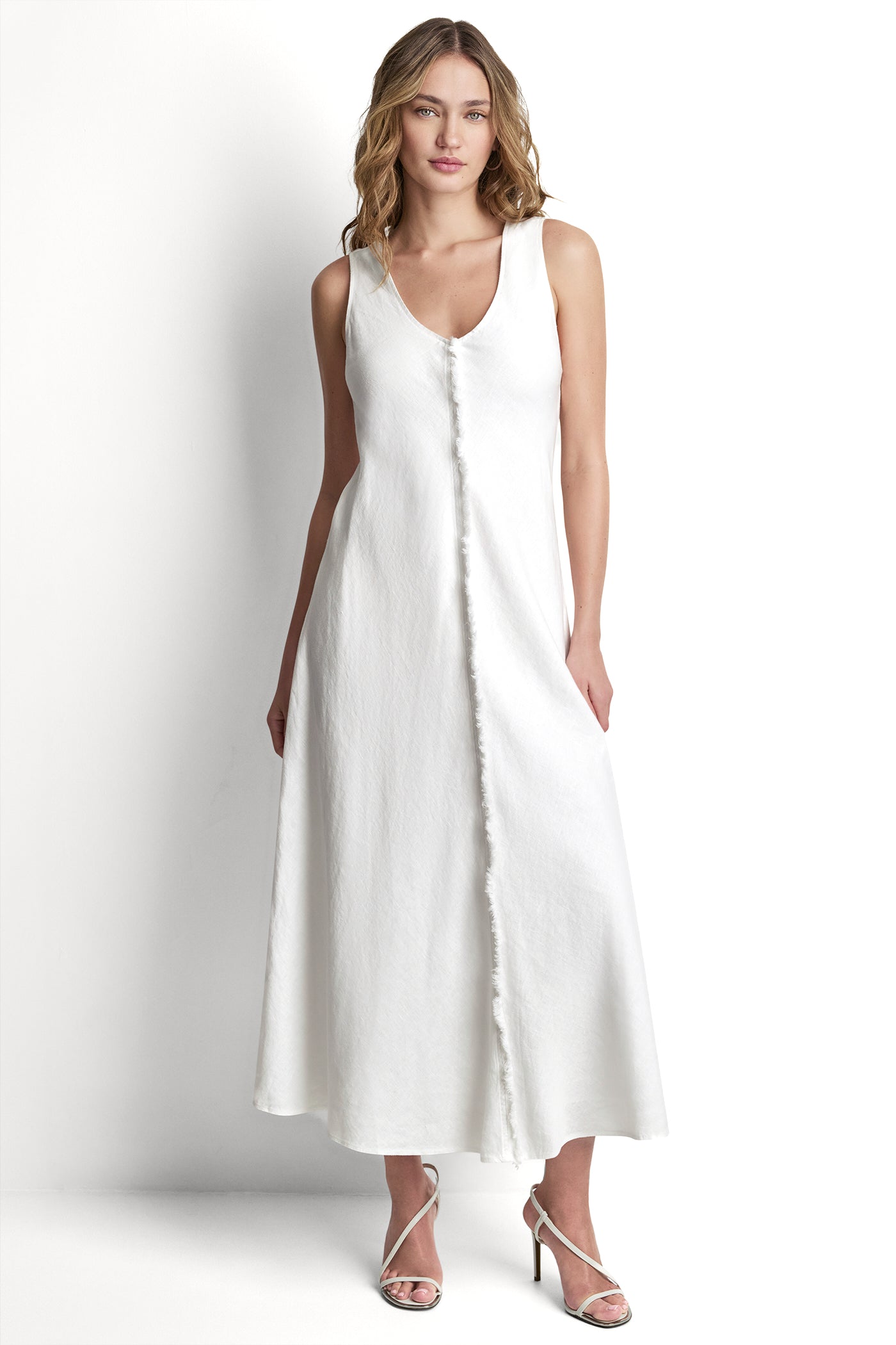 FRAYED LINEN MAXI DRESS - White - 5