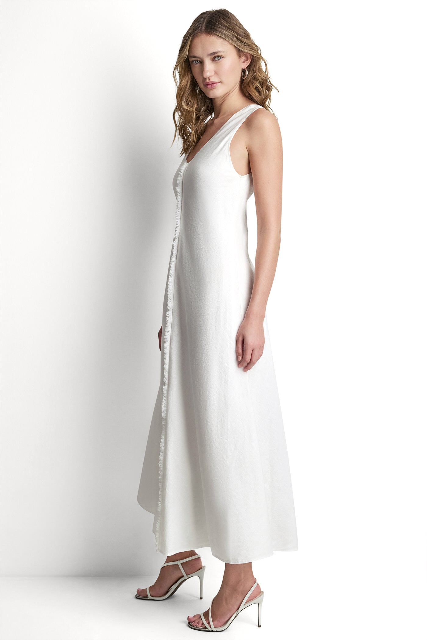 FRAYED LINEN MAXI DRESS - White - 4