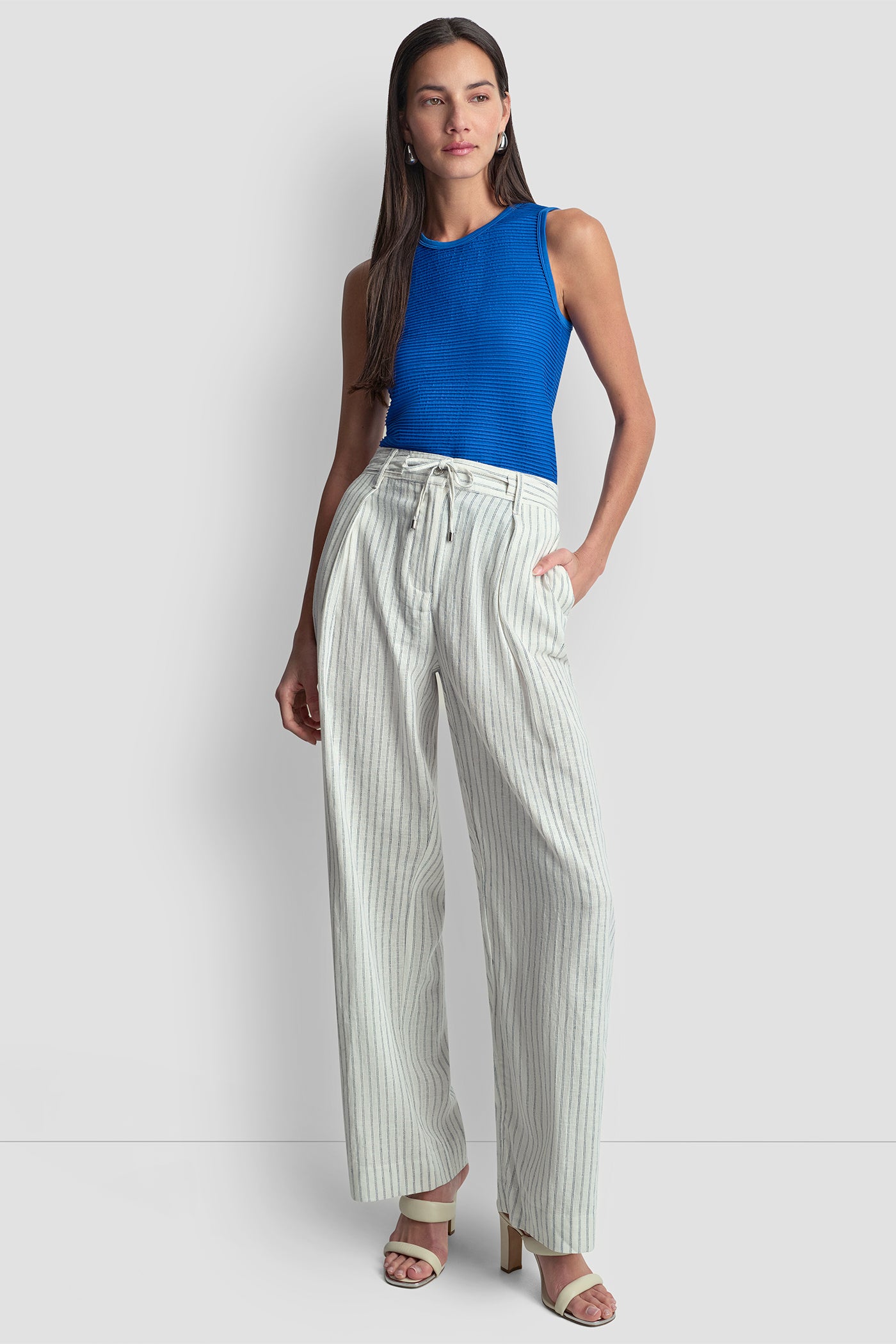 LINEN-BLEND PINSTRIPE PLEATED PANT - Ivory/Admiral - 5