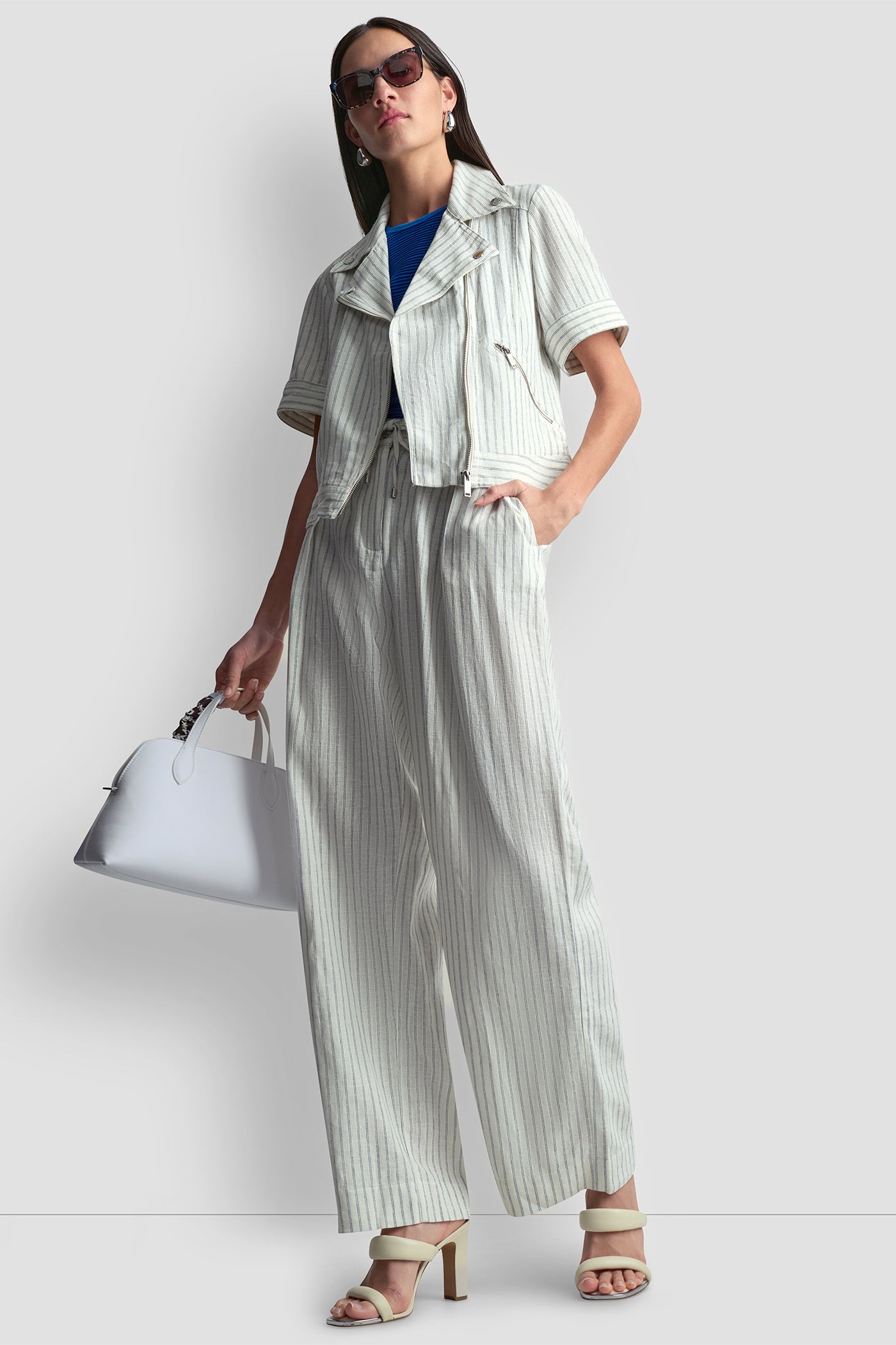 LINEN-BLEND PINSTRIPE PLEATED PANT - Ivory/Admiral - 6