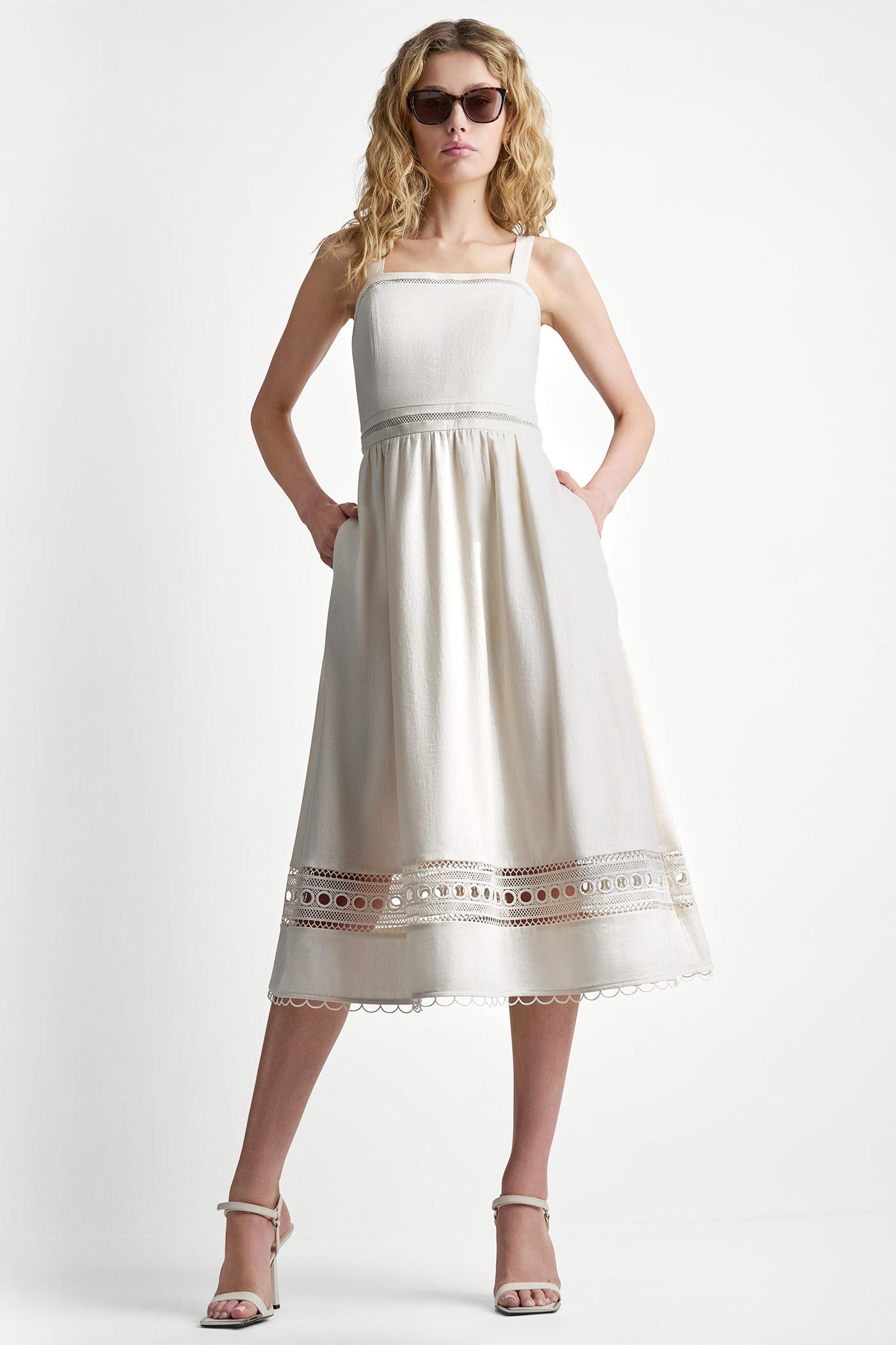 LINEN-BLEND LACE-TRIMMED MIDI DRESS - Coconut - 9