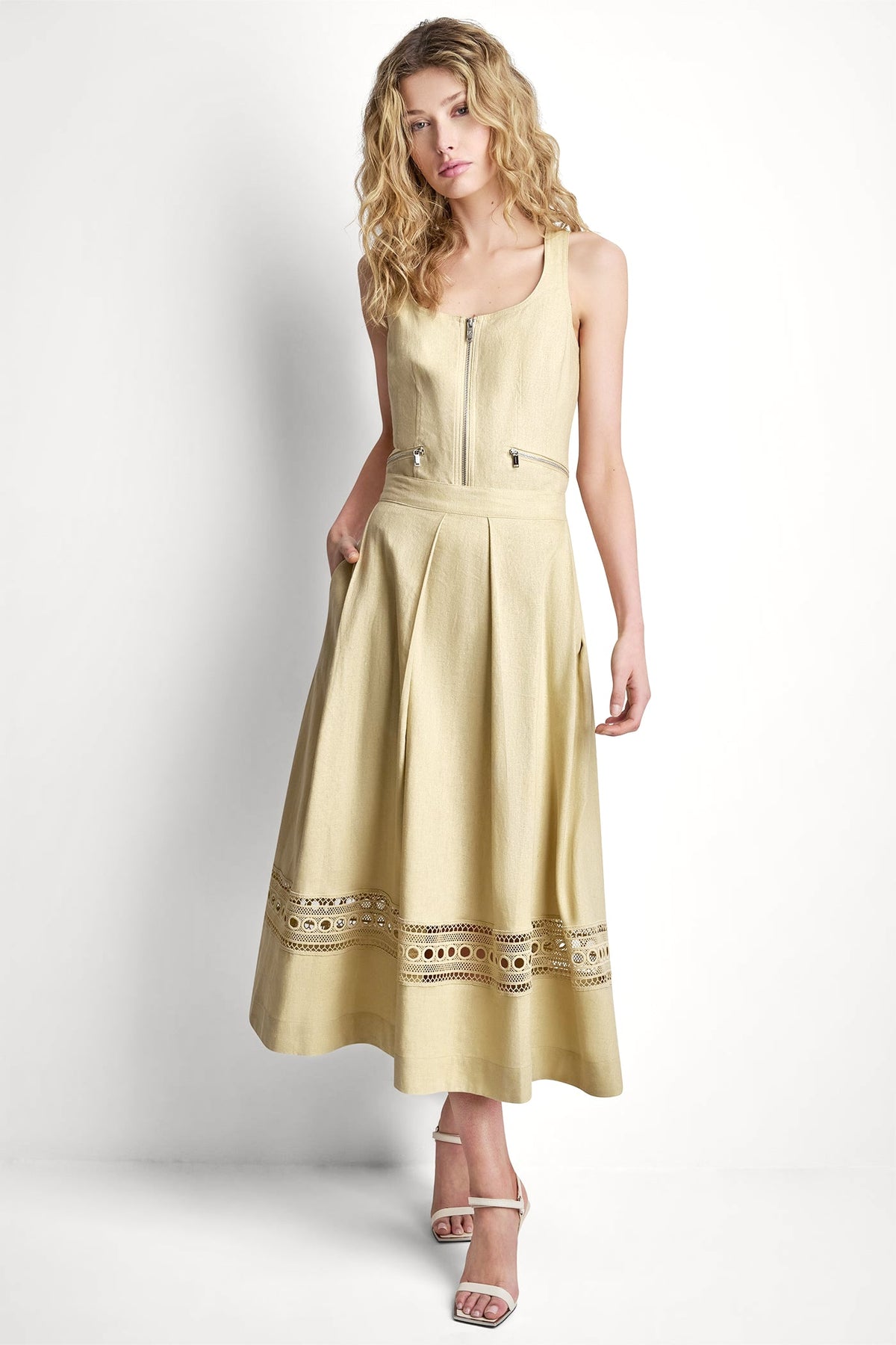 LINEN-BLEND LOOP LACE-TRIMMED PLEATED MIDI SKIRT - Mojave Desert - 1