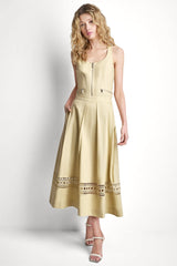 LINEN-BLEND LOOP LACE-TRIMMED PLEATED MIDI SKIRT - Mojave Desert - 1