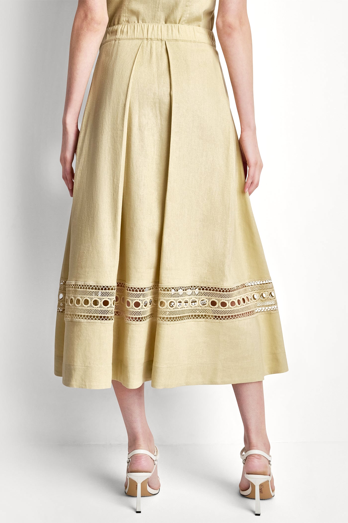 LINEN-BLEND LOOP LACE-TRIMMED PLEATED MIDI SKIRT - Mojave Desert - 3