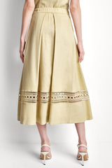 LINEN-BLEND LOOP LACE-TRIMMED PLEATED MIDI SKIRT - Mojave Desert - 3